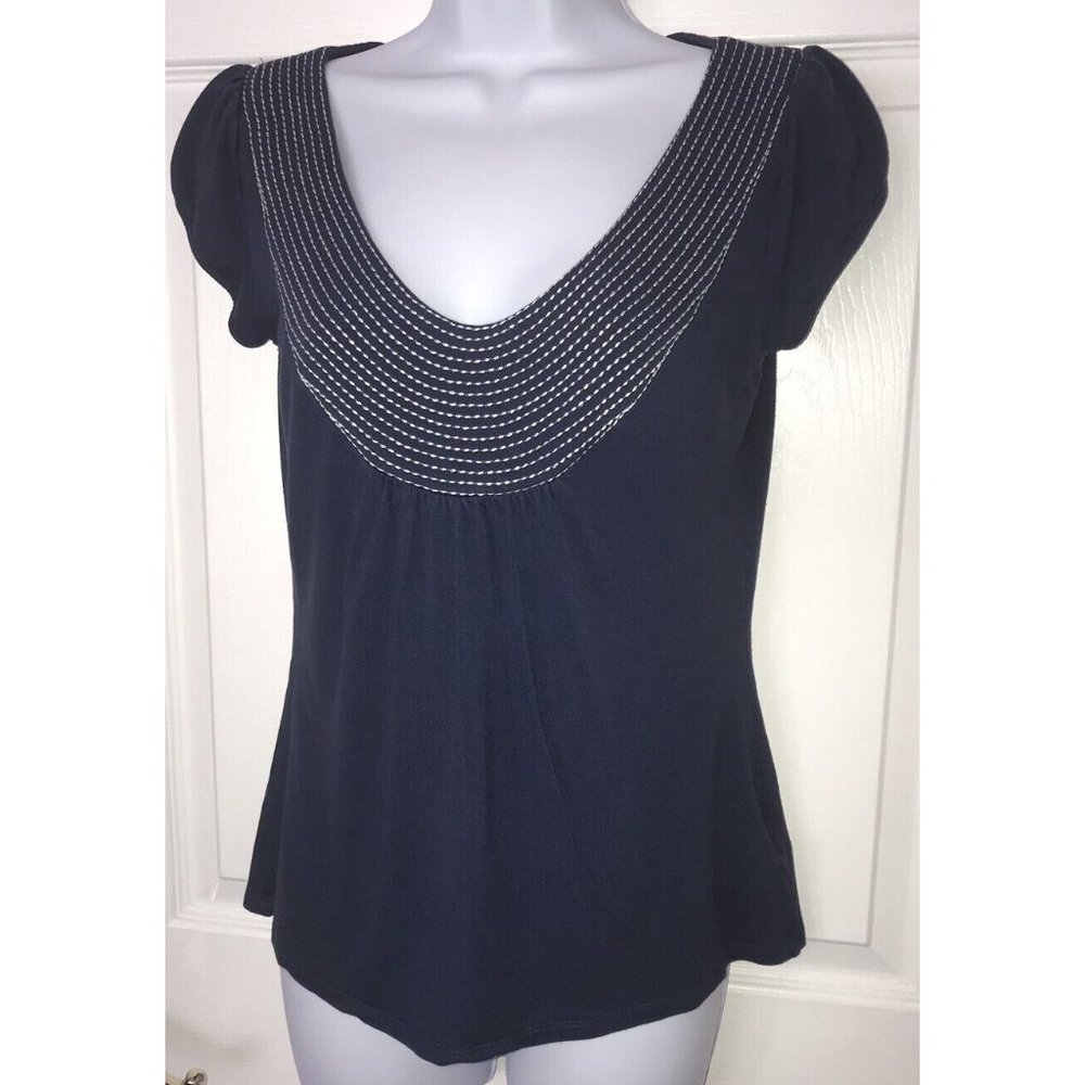 Boden Stitch Detail Tee Sz 6 Blue Viscose Jersey Knit Cap Sleeve Shirred Neck